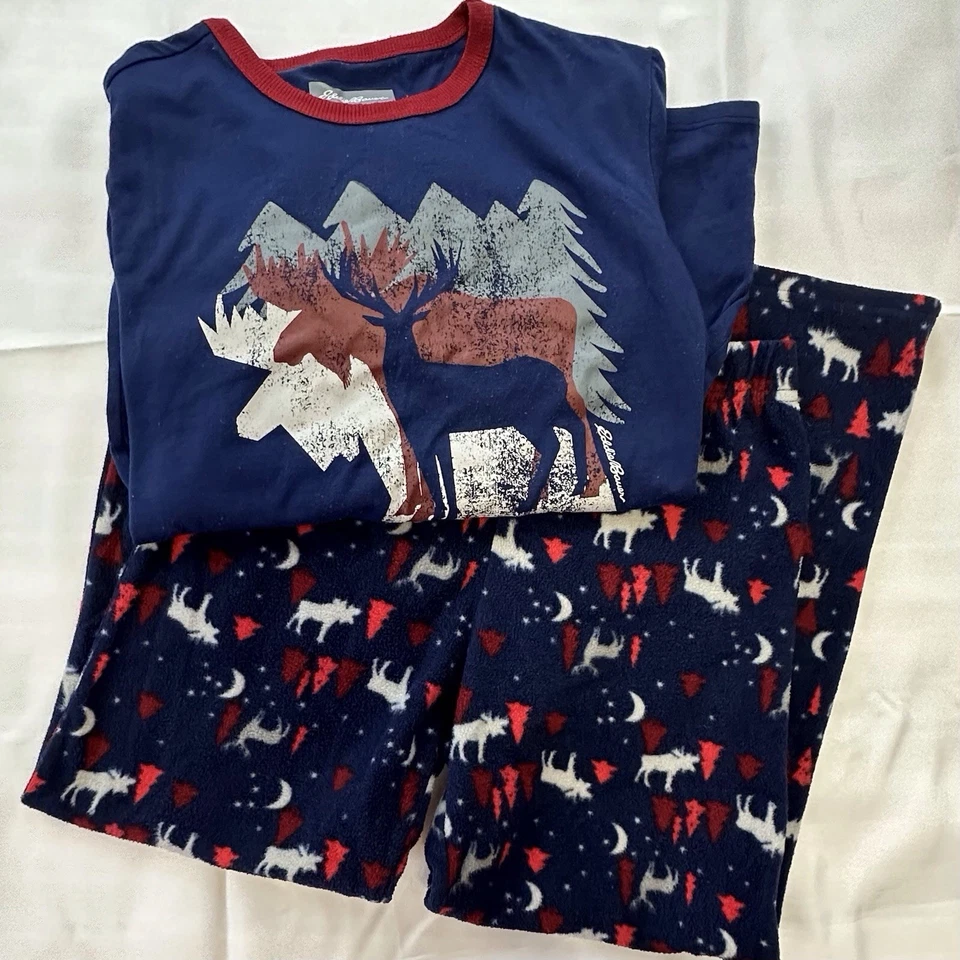 Eddie Bauer Conjunto Pijama Vellón Azul Rojo Niños M 10-12 Alces Invierno Árboles Foto 1 de 4