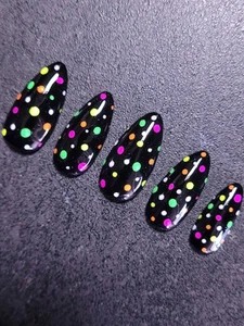 Custom Gel Press on Nails fake nails Handmade 10 pc set LARGE Neon Polkadot - Picture 1 of 16
