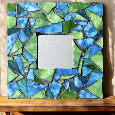 Mosaic Stained Glass Tile Square Wall Mirror or Tray Green Blue 10”x10” *READ* - Image 1 of 4