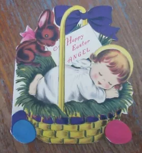 Vintage gebrauchte NORKREUZ OSTERN Karte für KIND SCHOKOLADENHASE; ENGEL im KORB - Bild 1 von 4