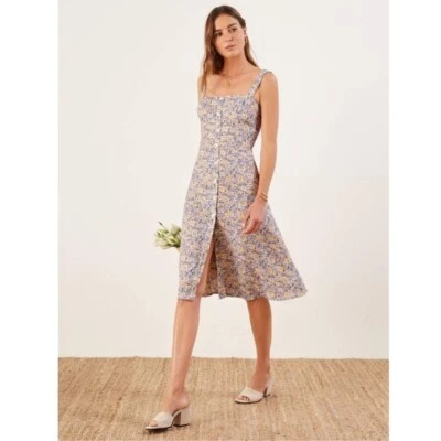 REFORMATION Dolores Floral Print Persimmon Button-Down Crepe Slit Dress 12 US 💜 - Image 1 of 4