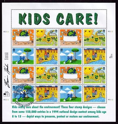 1995 Earth Day, Kids Care Sc 2954a FDC sheet signed by designer Brian Hailes - Image 1 of 4