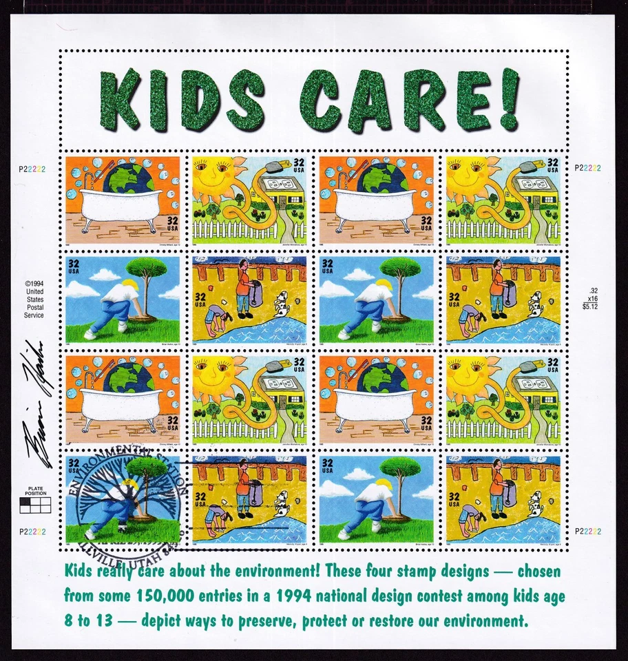 1995 Earth Day, Kids Care Sc 2954a FDC sheet signed by designer Brian Hailes - Image 1 of 4
