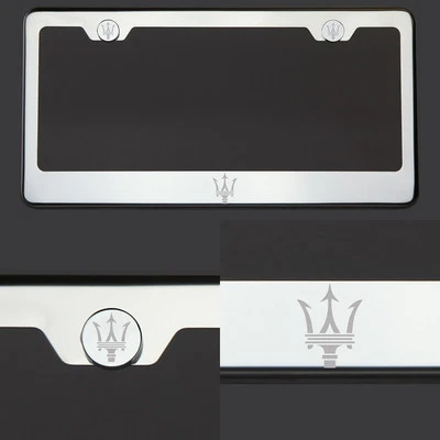 T304 Chrome Polished Maserati Logo Laser Etched Engraved license Plate Frame Tag - Image 1 of 4