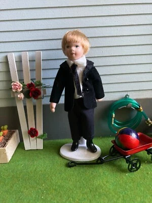 1:12 Dollhouse Miniature Boy Doll In Velour Suit Jacket Porcelain Posable 1/12 - Image 1 of 4