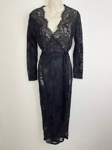 Winona womens wrap dress size 1o sheer black lace midi long sleeve NEEDS SLIP - Picture 1 of 7
