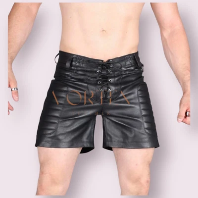 Gay Men's Leather Short Party Wear Short Laceup Style Gay Leather Short Foto 1 de 4