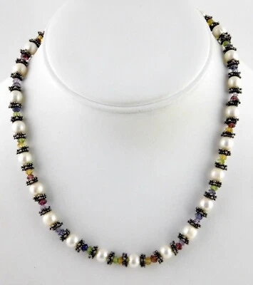 Sterling Silver Pearl Semi Precious Gemstone Strand Necklace 925 Rainbow Gems - Image 1 of 4