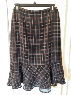 HAROLDS MIDI SKIRT LINED SHEER OVERLAY TIERED RUFFLE BLACK BROWN PLAID SIZE 0 - Image 1 of 4