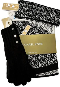 Michael Kors 4-Piece Set SCARF, HAT & GLOVES (3-Piece) + HEADBAND Black White * - Picture 1 of 9