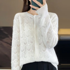 Wool Sweater Women's Hollow Knitted Loose Cardigan Round Neck Long Sleeve Jacket - Picture 1 of 30