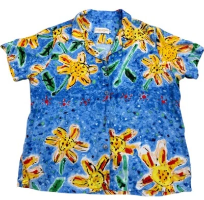 Vintage 90s JAMS WORLD blue sunflower shirt L womens Short Sleeve Top Blouse - Image 1 of 4