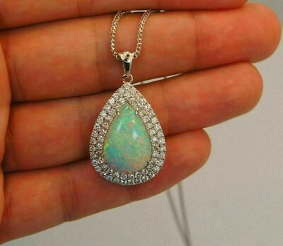 3 Ct Pear Cut Simulated Fire Opal Halo Pendant 14K White Gold Plated Free Chain - Image 1 of 4