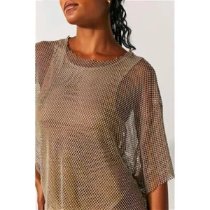 Free People Filter Finish Bodysuit in Blush Sands Small Rhinestone Relaxed Fit - Picture 1 of 5