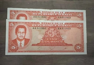 Haiti 5 Gourde 1984-1985 ( Law 1974 ) P-241 2 Consecutive Circulated Banknotes - Picture 1 of 5