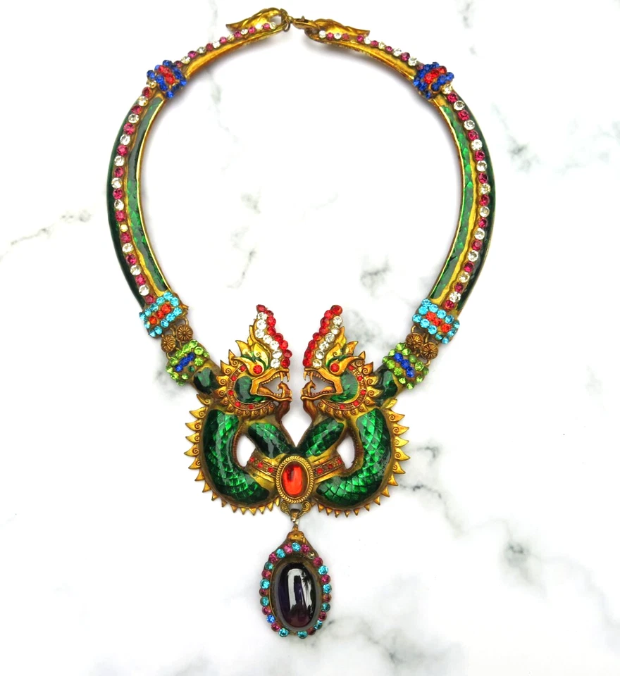 Dragon Necklace Purple Naga Crystal Pendant Multicolor Gemstones Thai Amulet VTG - Image 1 of 4