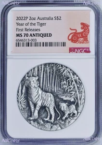 2022 Australia Antiqued LUNAR Year of the TIGER 2oz $2 Silver Coin NGC MS70 FR - Picture 1 of 4