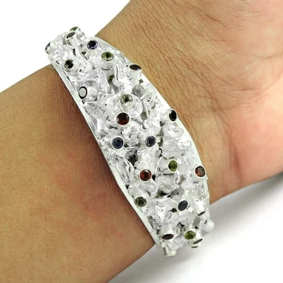 Solid Silver Round Peridot Stone Amethyst Bezel Boho Cuff Christmas Gift Jewelry - Image 1 of 4