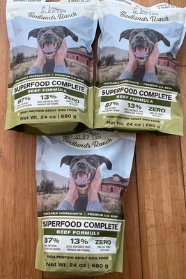 BADLANDS RANCH Superfood Complete Beef Adult Dog Food Air Dried 24oz Ea Lot of 3