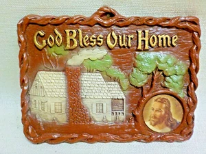 Vintage Rustic "Art-Wood" Plaque #N1600 'God Bless Our Home' In Original Box - Picture 1 of 4