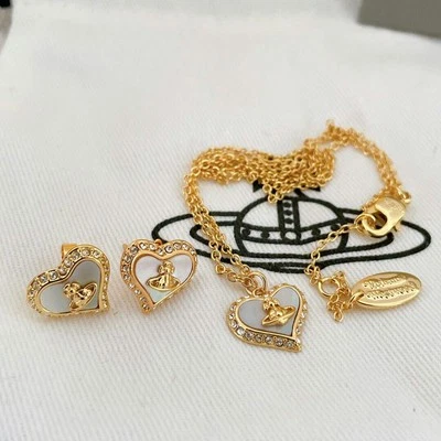 Vivienne Westwood Concha Corazón Collar y Pendientes Estrás Blanco × Dorado NUEVO Foto 1 de 4