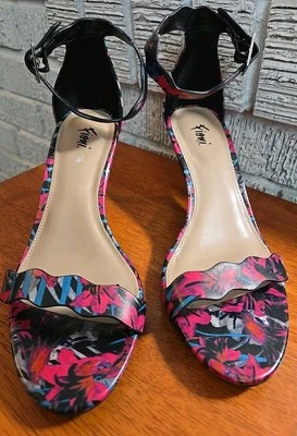 Fioni Multicolor Toe Strap Ankle Strap Sandals with Floral Details Low Heel  - Image 1 of 4