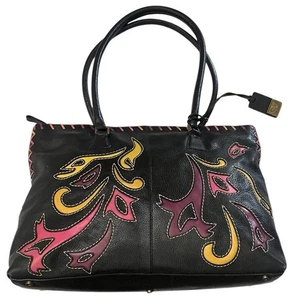 Vintage Sharif Patchwork Leder Handtasche 2 Henkel Umhängetasche schwarz rosa bunt - Bild 1 von 14