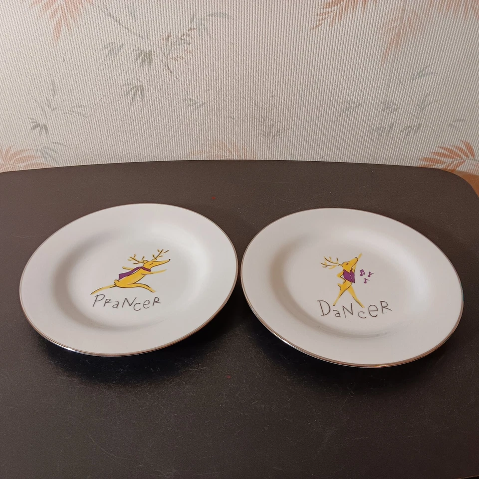 Pair of Pottery Barn Santa's Reindeer 8.5" Platinum Rim Salad/Dessert Plates - Image 1 of 4