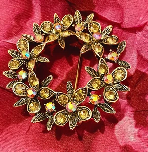Vintage Art Flower Wreath Brooch Pin Aurora Borealis Crystal Stones Antiqued 2” - Picture 1 of 12