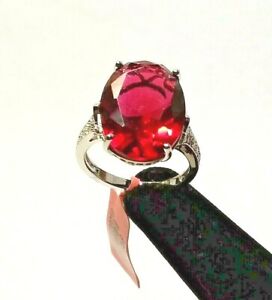 SIMULATED RUBY, WHITE CZ RING IN SILVERTONE - SIZE 9 --- 14.90 CTW