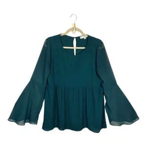 Ann Taylor LOFT Baby Doll Blouse Top S Green Bell Sleeve Boho Peasant Career - Picture 1 of 20