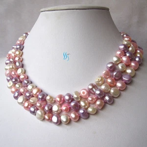 50 Zoll 8-9 mm Weiß Rosa Grau-Blau Barock Süßwasser Perlen Halskette - Bild 1 von 3