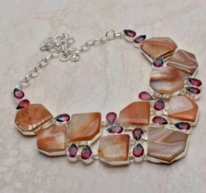 Botswana Agate Bi-Color Tourmaline Handmade Statement Necklace Jewelry 127 Gms - Picture 1 of 3