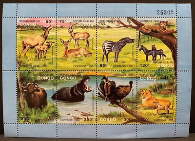 SELLOS DEL MUNDO, CONGO, 1993 Vida Silvestre, Mini Hoja de 8, SIN USAR Foto 1 de 4