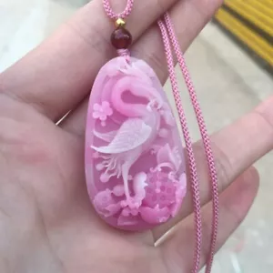 Natural Peach Blossom Jade Opal Super Fairy Palace Wind Crane Necklace Pendant - Picture 1 of 9