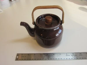 Vintage Brown Enamel Tea Pot Wood Handle - Picture 1 of 9