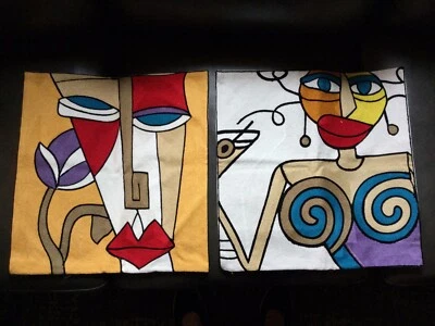 African Women Tribal Pillow Covers SET (2) 18” Square Embroidered Fabric AMAZING - Image 1 of 4