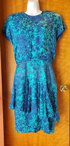 ADRIANNA PAPELL VINTAGE SILK TURQUOISE BLUE PENCIL ASYMMETRICAL FLOUNCE DRESS 10 - Picture 1 of 6