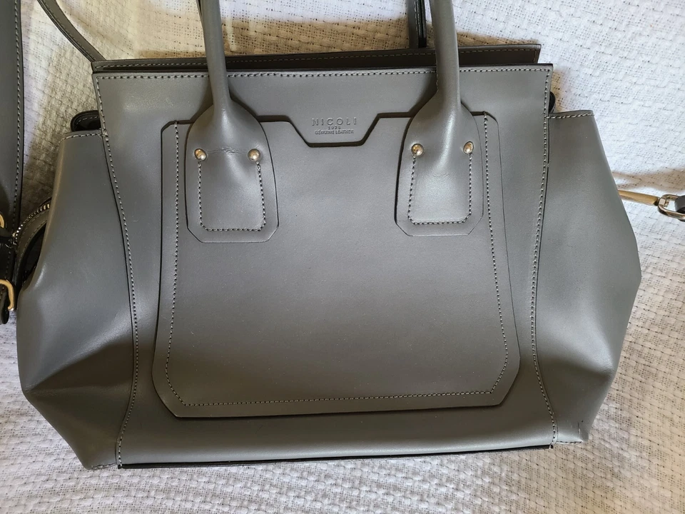 Nicoli Gray Leather Top Handle Satchel Quiet Luxury Handbag - Image 1 of 4