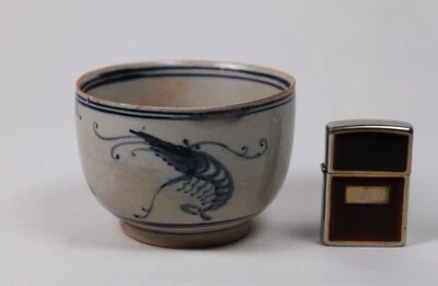 Asian antique Blue&White Annan-ware Shrimp Tea Bowl Vietnam Rare  p048 - Image 1 of 4