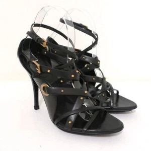 Gucci Sandals Black Studded Leather Size 7.5 Crisscross Slingback Heels - Picture 1 of 12