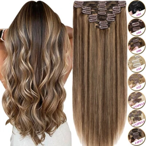 Thick Clip In 100% Remy Human Hair Extension Double Weft Full Head Wavy Straight - Picture 1 of 55