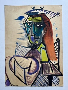 Pablo Picasso (Handmade) Drawing On Paper Signed & Stamped Mixed Media, Vtg Art - Picture 1 of 5