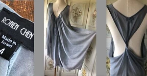 RONEN CHEN GRAY OMBRE RAYON CHIFFON DRESS DEEP VEE LIGHTWEIGHT BACKLESS EUC 4 - Picture 1 of 12