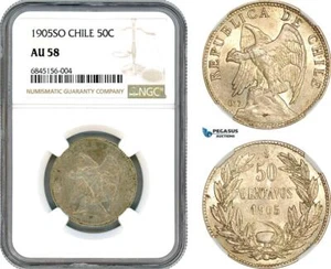 AI517, Chile, 50 Centavos 1905 SO, Santiago Mint, Silver, NGC AU58 - Picture 1 of 1