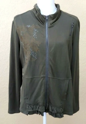 Chaqueta Picadilly Mujer Grande Verde Oscuro Cremallera Cuentas Bordado Volantes Bolsillos Foto 1 de 4