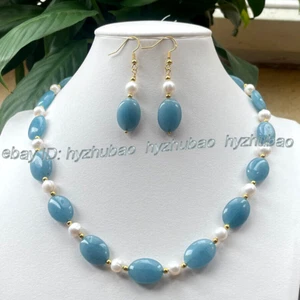 Pendientes Gancho Oro Perla Blanca Gemas Aguamarina Azul Ovalado 13x18mm + Collar 18" - Imagen 1 de 5