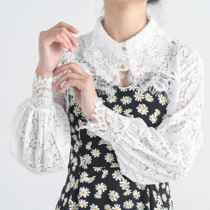 Lady Lace Dickey Blouse Fake Collar Lantern Sleeve Half Shirt Blouse Crop Casual - Picture 1 of 15