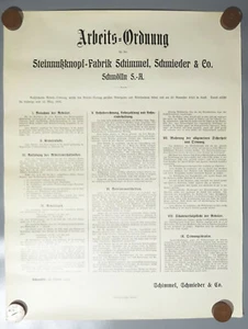 Plakat Arbeits-Ordnung 1913 Steinnuß Knopffabrik Schimmel Schmieder Schmölln S.A - Bild 1 von 4