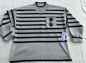 Karl Lagerfeld Paris Sweater Women L Black Grey Stripe Pullover Sunglasses NEW - Picture 1 of 7